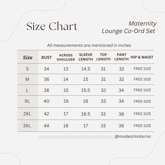 Size chart for a maternity lounge co-ord set with measurements in inches.