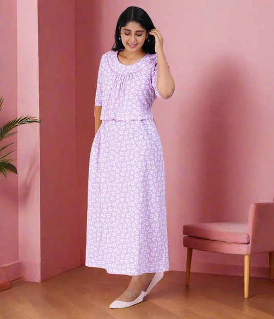 PINK CHEETAH LOUNGE DRESS for Maternity & Nursing | Soft Cotton, Zipless Feeding | Elegant Pregnancy Maxi Dress I