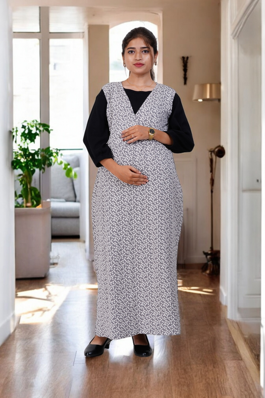 CHARCOAL BLOOM LOUNGE DRESS | NURSING FRIENDLY & MATERNITY DRESS | 2-IN-1 STYLE SET DRESS | MAXI DRESS