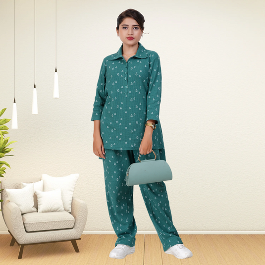 MERRY GREEN WAFFLE CO-ORD | Maternity & Nursing Set | 100% Cotton Pregnancy & Feeding set