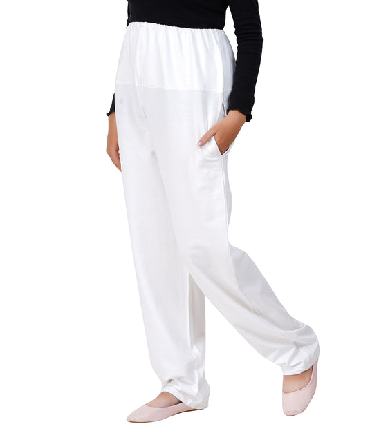 bump supported White pants worn by a woman on a white background