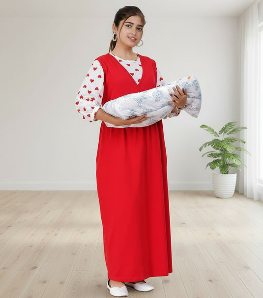 RED SWEETHEART LOUNGE DRESS | NURSING FRIENDLY & MATERNITY DRESS | 2-IN-1 STYLE SET DRESS | MAXI DRESS