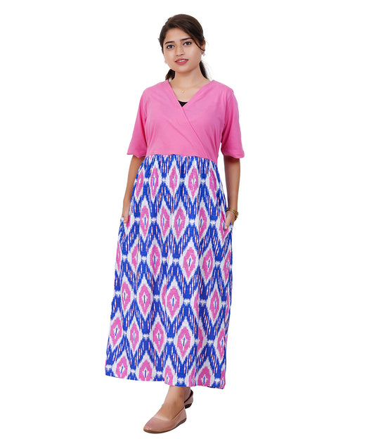 Woman wearing pink and blue dress with pockets