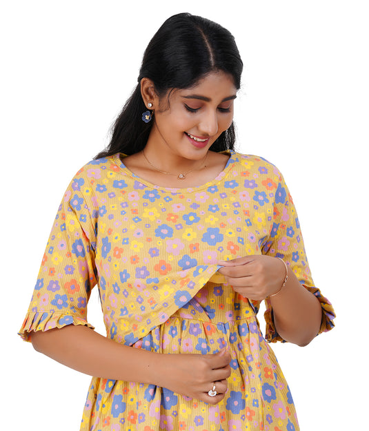 YELLOW RIBBED LOUNGE DRESS for Maternity & Nursing Dress | Soft Cotton, Pregnancy, Zipless Feeding Dress