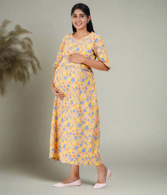 YELLOW RIBBED LOUNGE DRESS for Maternity & Nursing Dress | Soft Cotton, Pregnancy, Zipless Feeding Dress