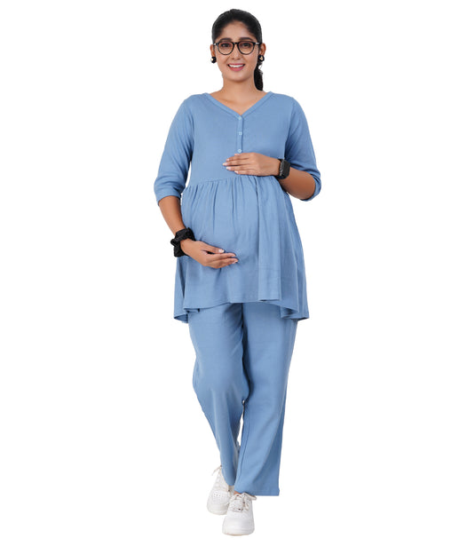 BLUE HAZE RIBBED CO-ORD | Maternity & Nursing Set | 100% Cotton for Pregnancy & Feeding