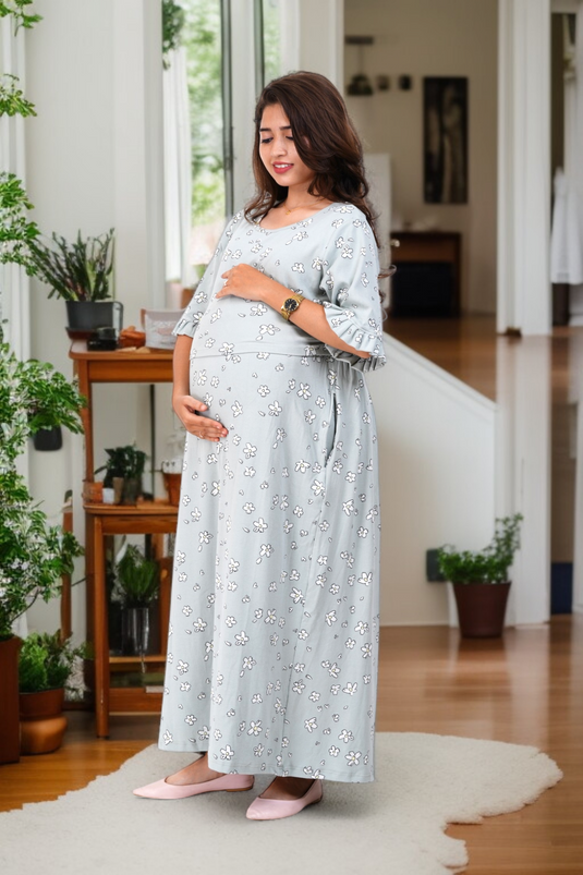 SAGE FLORA LOUNGE DRESS Maternity & Nursing Dress | Soft Cotton, Pregnancy, Zipless Feeding Dress