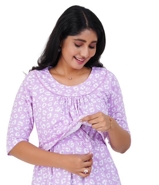 PINK CHEETAH LOUNGE DRESS for Maternity & Nursing | Soft Cotton, Zipless Feeding | Elegant Pregnancy Maxi Dress I
