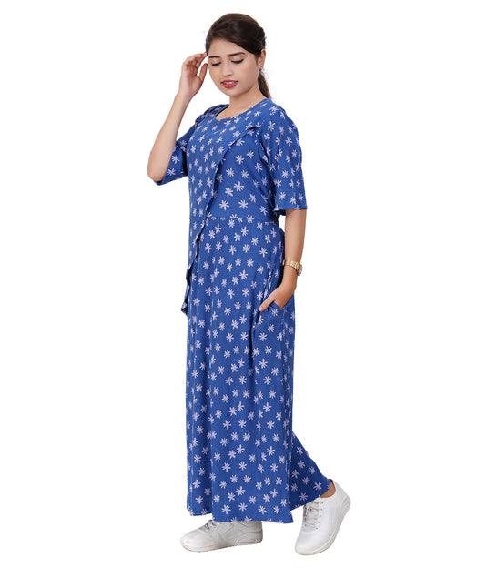 a woman wearing blue maxi dress with pockets.