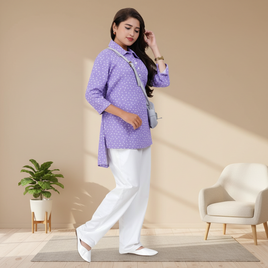 Woman in a purple polka dot shirt and white pants standing in a room with a plant and chair.