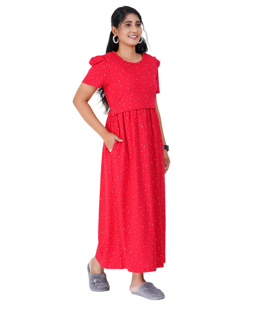 RED SNOW LOUNGE DRESS for Maternity & Nursing | Elegant Pregnancy & Feeding Dress