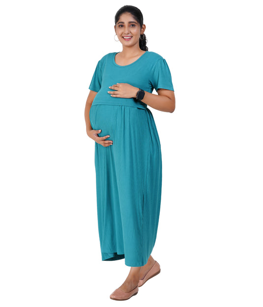 GREEN RIBBED LOUNGE DRESS for Maternity & Nursing | Soft Cotton, Zipless Feeding Dress