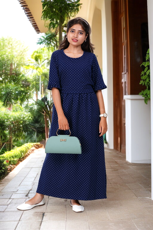 NAVY POLKA LOUNGE DRESS Maternity & Nursing Dress | Soft Cotton, Pregnancy, Zipless Feeding Dress