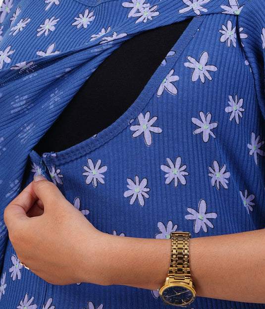 a blue dress with zip , feeding zip dress