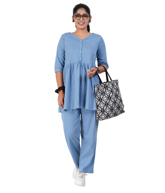 BLUE HAZE RIBBED CO-ORD | Maternity & Nursing Set | 100% Cotton for Pregnancy & Feeding