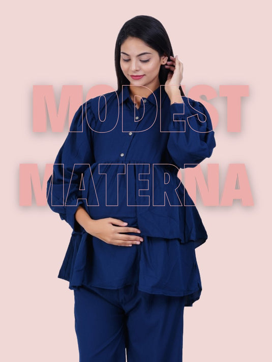 A cozy maternity co-ord set comprises a stretchy top and bottoms, designed for a growing belly. Its coordinated style offers comfort and ease, crafted from soft, breathable fabric, perfect for every stage of pregnancy.