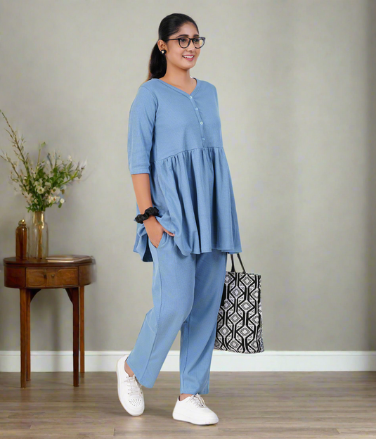 BLUE HAZE RIBBED CO-ORD | Maternity & Nursing Set | 100% Cotton for Pregnancy & Feeding