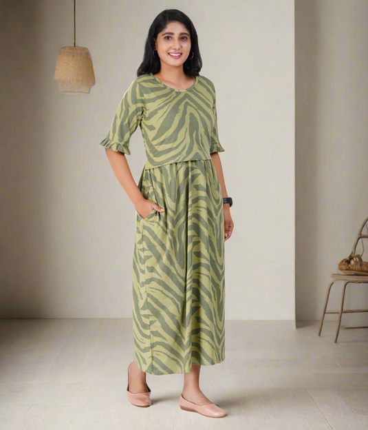 OLIVE GREEN LOUNGE DRESS for Maternity & Nursing Dress | Soft Cotton, Zipless Feeding Dress