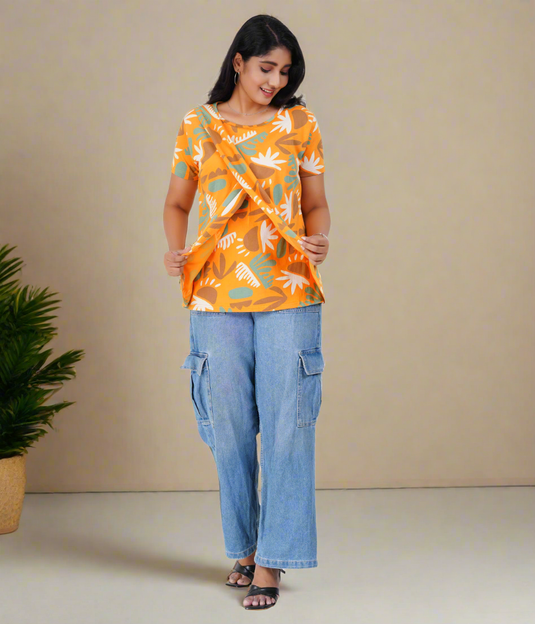 GOLDEN ISLAND LOUNGE TEE | Zipless Criss-Cross Maternity T-Shirt | 100% Cotton, Nursing-Friendly, Feeding T-shirt