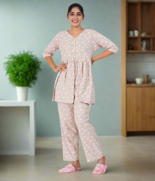 BEIGE HEARTS RIBBED CO-ORD |Soft Cotton, Pregnancy & Feeding Set Dress