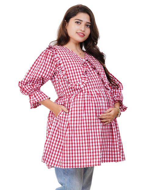red gingham maternity dress PinkBlush Rust Gingham Long Sleeve Maternity Midi Dress Small