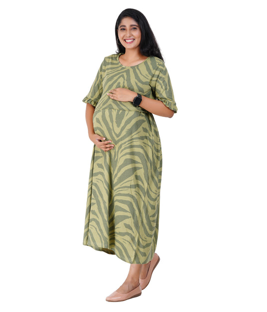 OLIVE GREEN LOUNGE DRESS for Maternity & Nursing Dress | Soft Cotton, Zipless Feeding Dress