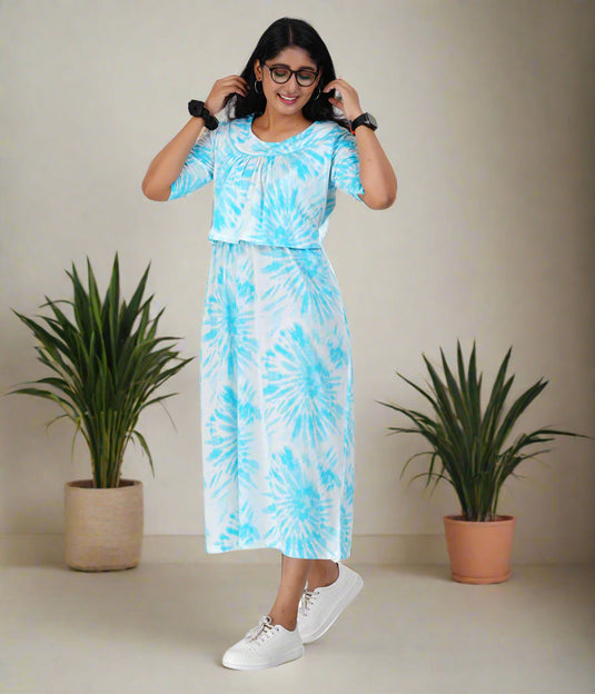 BLUE TIE-DYE LOUNGE DRESS for Maternity & Nursing | Soft Cotton, Zipless Pull-up Pregnancy & Feeding Dress