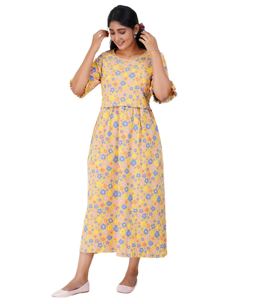 YELLOW RIBBED LOUNGE DRESS for Maternity & Nursing Dress | Soft Cotton, Pregnancy, Zipless Feeding Dress