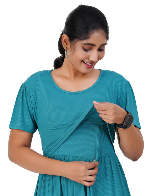 GREEN RIBBED LOUNGE DRESS for Maternity & Nursing | Soft Cotton, Zipless Feeding Dress