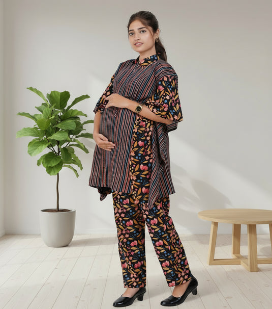 Woman in a colorful outfit standing in a minimalistic room with a plant and table.