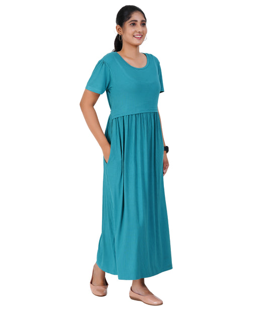 GREEN RIBBED LOUNGE DRESS for Maternity & Nursing | Soft Cotton, Zipless Feeding Dress