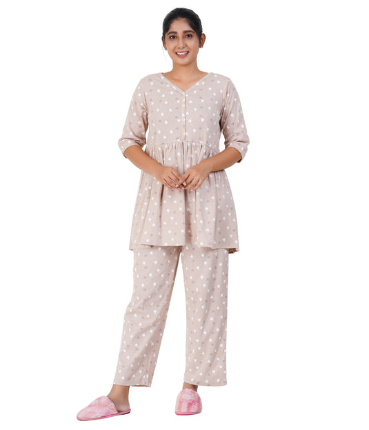 BEIGE HEARTS RIBBED CO-ORD |Soft Cotton, Pregnancy & Feeding Set Dress