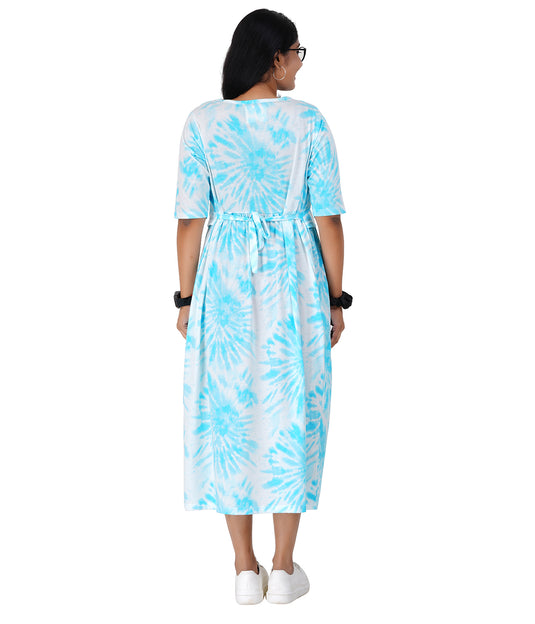 BLUE TIE-DYE LOUNGE DRESS for Maternity & Nursing | Soft Cotton, Zipless Pull-up Pregnancy & Feeding Dress