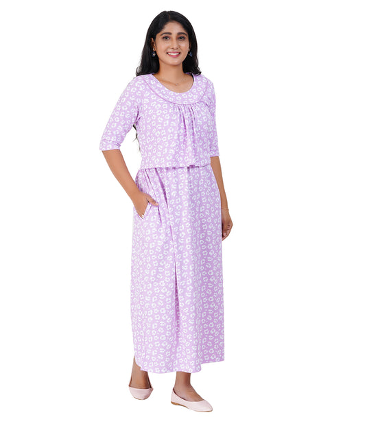 PINK CHEETAH LOUNGE DRESS for Maternity & Nursing | Soft Cotton, Zipless Feeding | Elegant Pregnancy Maxi Dress I
