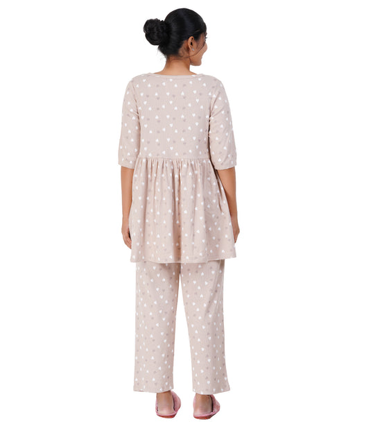 BEIGE HEARTS RIBBED CO-ORD |Soft Cotton, Pregnancy & Feeding Set Dress