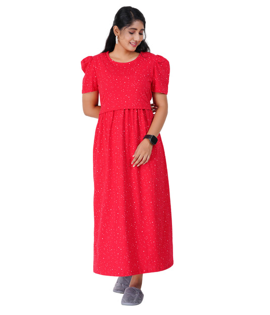 RED SNOW LOUNGE DRESS for Maternity & Nursing | Elegant Pregnancy & Feeding Dress