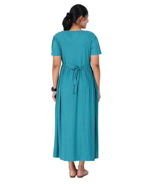 GREEN RIBBED LOUNGE DRESS for Maternity & Nursing | Soft Cotton, Zipless Feeding Dress