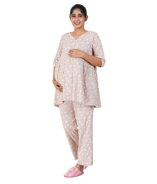 BEIGE HEARTS RIBBED CO-ORD |Soft Cotton, Pregnancy & Feeding Set Dress