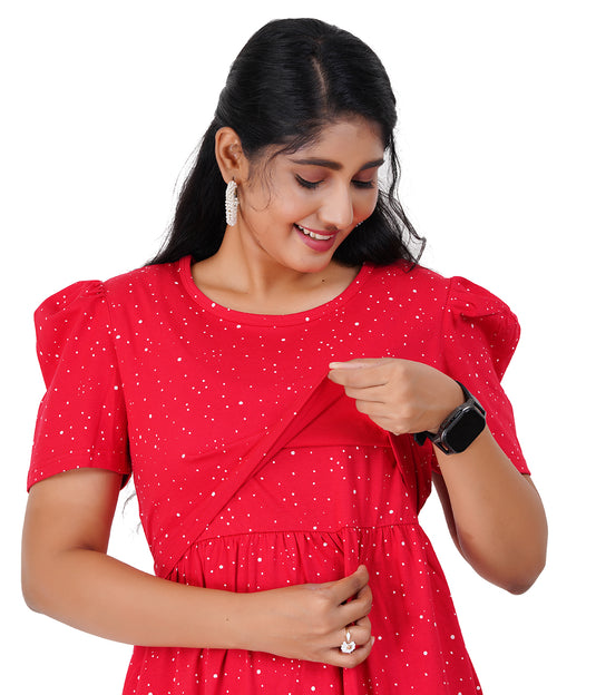 RED SNOW LOUNGE DRESS for Maternity & Nursing | Elegant Pregnancy & Feeding Dress