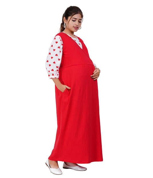 RED SWEETHEART LOUNGE DRESS | NURSING FRIENDLY & MATERNITY DRESS | 2-IN-1 STYLE SET DRESS | MAXI DRESS