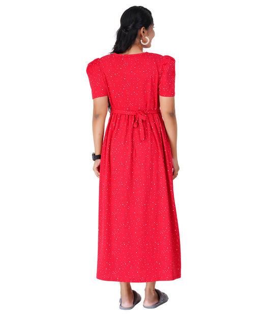 RED SNOW LOUNGE DRESS for Maternity & Nursing | Elegant Pregnancy & Feeding Dress