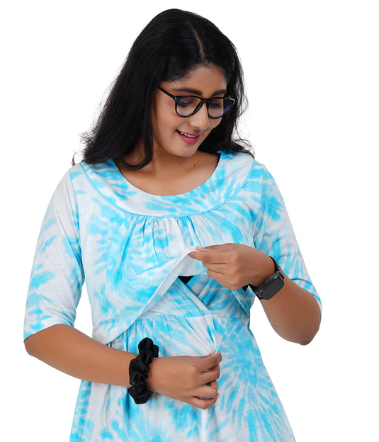 BLUE TIE-DYE LOUNGE DRESS for Maternity & Nursing | Soft Cotton, Zipless Pull-up Pregnancy & Feeding Dress
