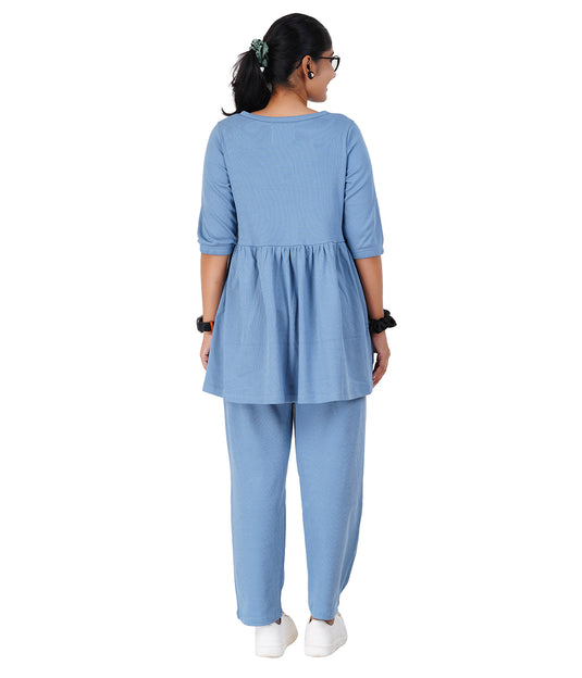 BLUE HAZE RIBBED CO-ORD | Maternity & Nursing Set | 100% Cotton for Pregnancy & Feeding