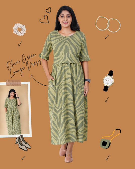OLIVE GREEN LOUNGE DRESS for Maternity & Nursing Dress | Soft Cotton, Zipless Feeding Dress