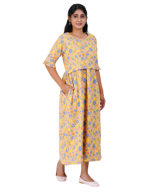 YELLOW RIBBED LOUNGE DRESS for Maternity & Nursing Dress | Soft Cotton, Pregnancy, Zipless Feeding Dress