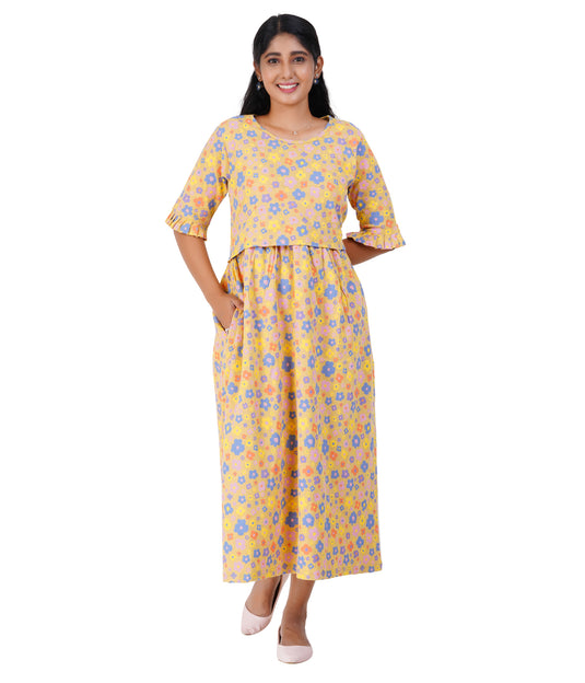 YELLOW RIBBED LOUNGE DRESS for Maternity & Nursing Dress | Soft Cotton, Pregnancy, Zipless Feeding Dress