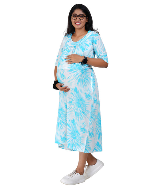 BLUE TIE-DYE LOUNGE DRESS for Maternity & Nursing | Soft Cotton, Zipless Pull-up Pregnancy & Feeding Dress