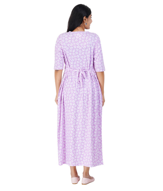 PINK CHEETAH LOUNGE DRESS for Maternity & Nursing | Soft Cotton, Zipless Feeding | Elegant Pregnancy Maxi Dress I