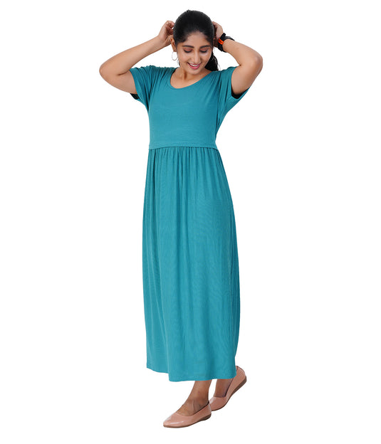 GREEN RIBBED LOUNGE DRESS for Maternity & Nursing | Soft Cotton, Zipless Feeding Dress
