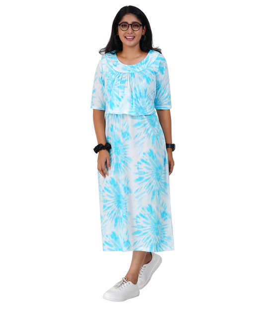BLUE TIE-DYE LOUNGE DRESS for Maternity & Nursing | Soft Cotton, Zipless Pull-up Pregnancy & Feeding Dress